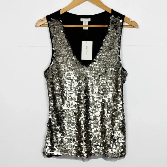 Cache Top Women’s Size Medium Sequin Embellished V Neck Sleeveless Black Party - Picture 6 of 6